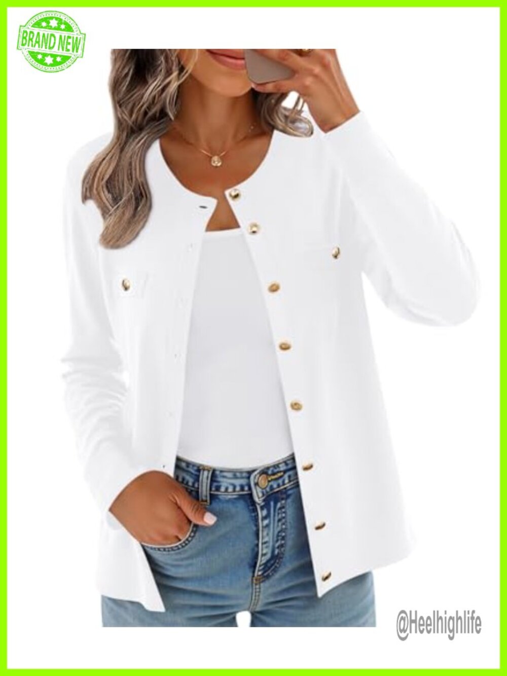 Knit Button Down Cardigan Sweater Long Sleeve Crew Neck Womens
